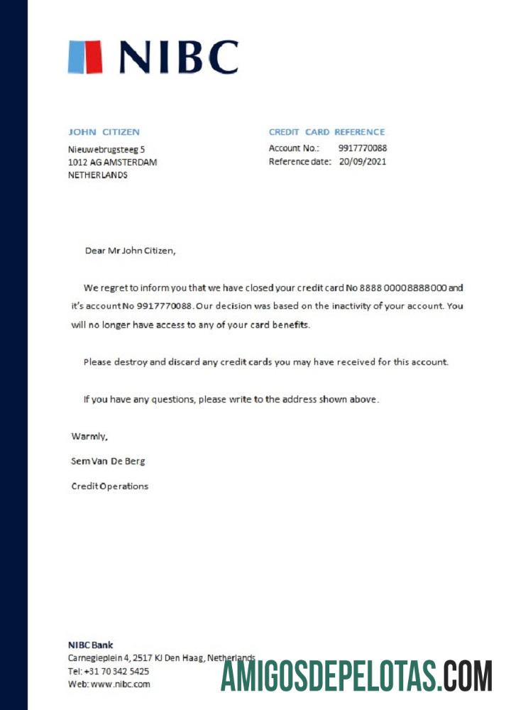 Referência de fechamento do banco NIBC da Holanda exemplo